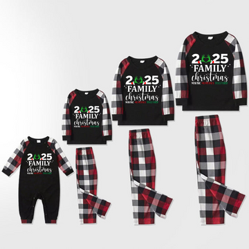 "2025 Family Christmas" Quirky Heart Letter Print Red & Black & Grey & White Plaid Family Matching Pajamas