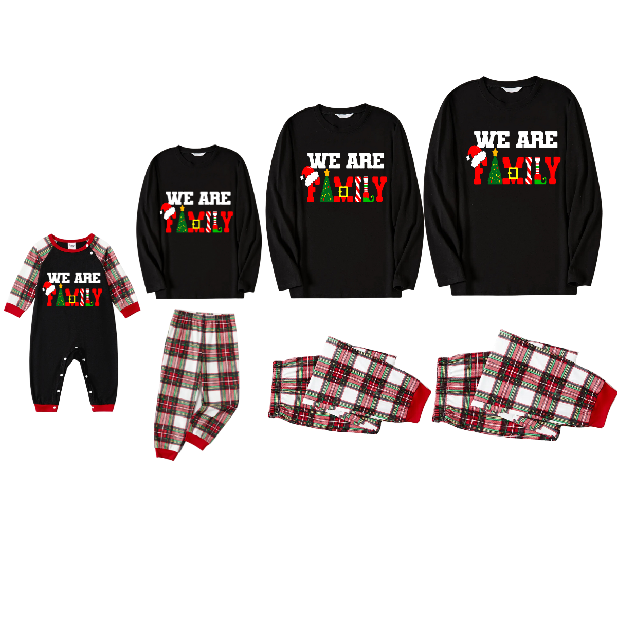 Christmas "We are Family" Text Print Black Long Sleeve Top with Red & White & Green Plaid Family Matching Pajamas