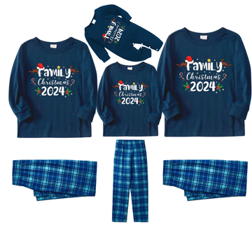 "FAMILY CHRISTMAS 2024" Text And Santa Hat & Snowflake Printed Pattern - Blue Long Sleeve Top With Blue Plaid Family Matching Pajamas