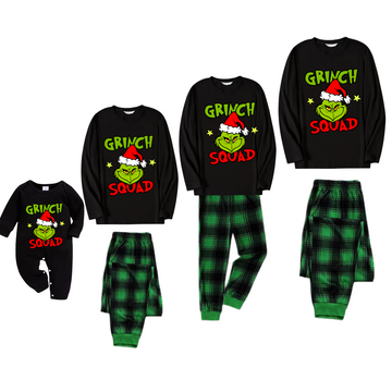 Christmas Cartoon Pattern Print Black Long Sleeve Top with Green and Black Plaid Family Matching Pajamas 2024