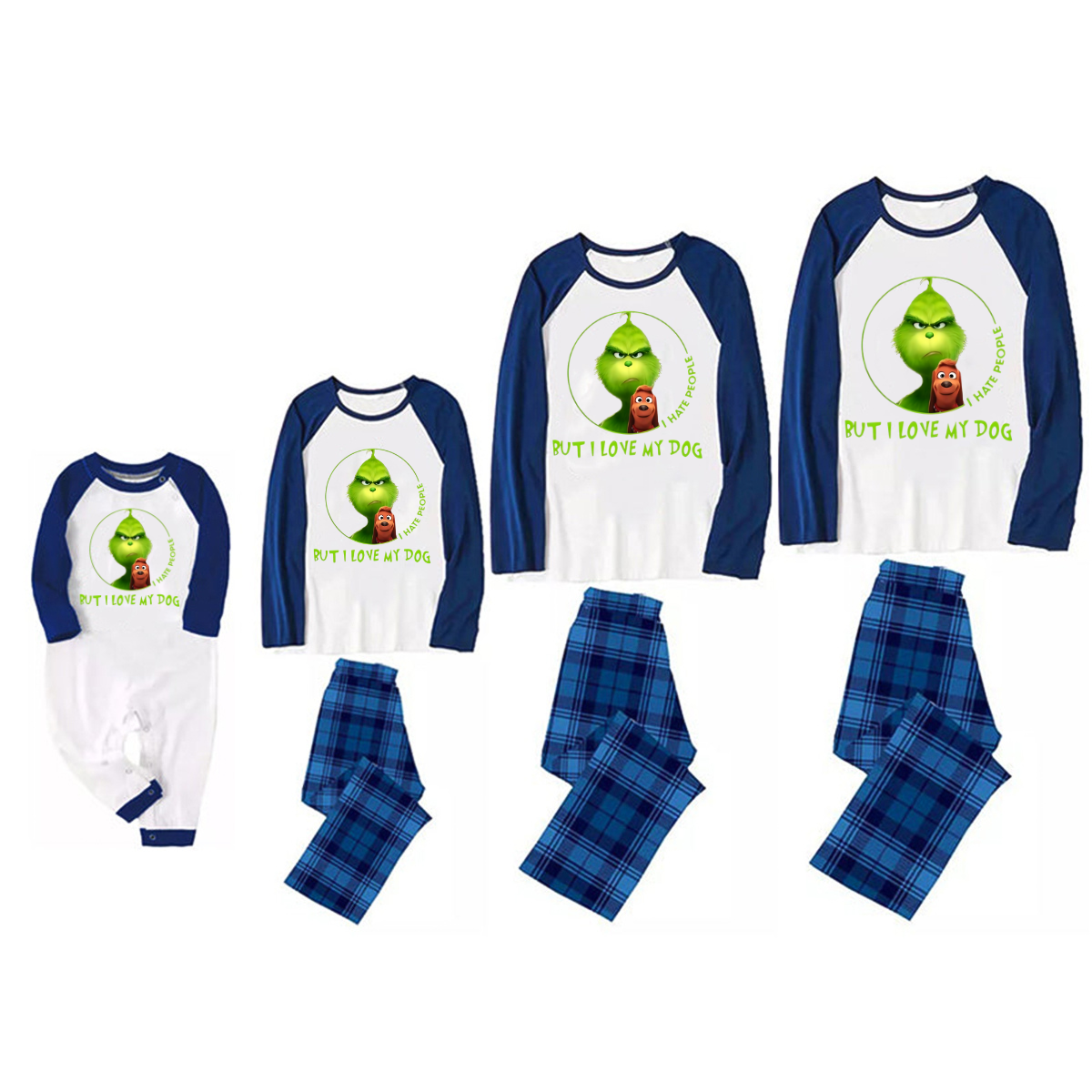 Cartoon Pattern and "I Hate People, But I Love My Dog" Printed Navy Blue and Black Plaid Christmas Family Pajamas