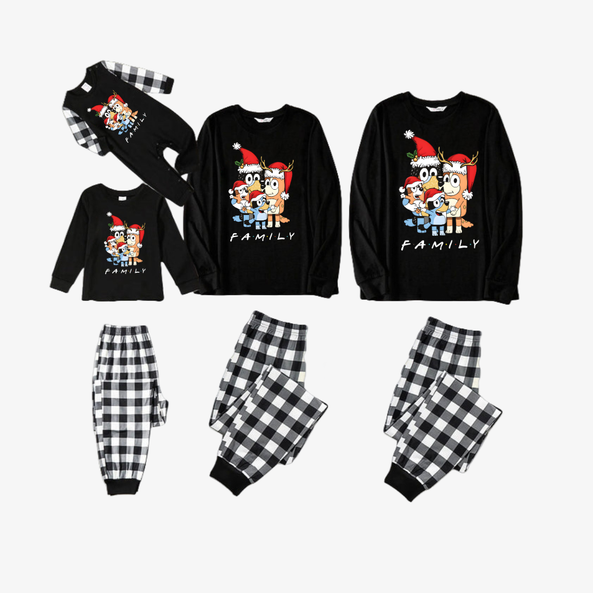 Bluey-Themed Festive Animal Pattern Black&White Plaid Family Pajama Sets