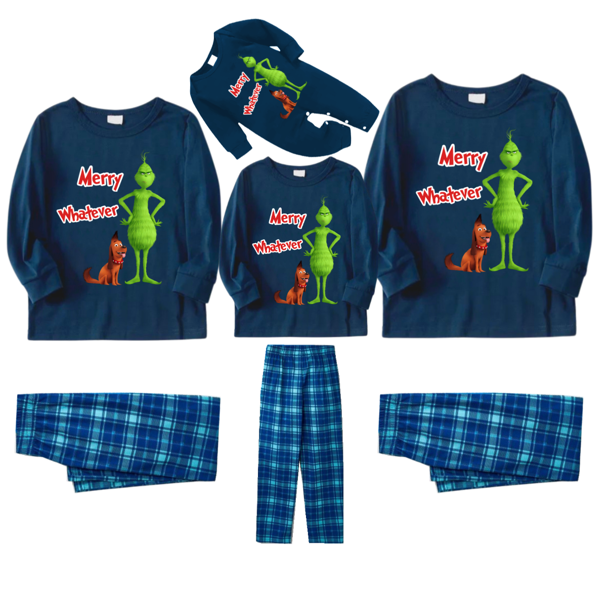 Merry Whatever Red Text With Green Cartoon Characters and Dog Pattern Blue Top Sky Blue Plaid Pants Family Matching Pajamas