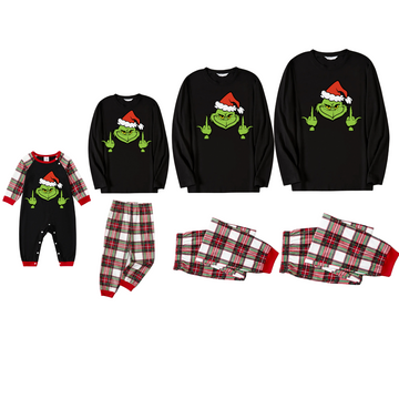 Christmas Cartoon Pattern Print Black Long Sleeve Top with Red & White & Green Plaid Family Matching Pajamas