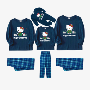 Merry Christmas Letter & Hello Kitty Pattern Sky Blue Plaid Family Pajama Sets