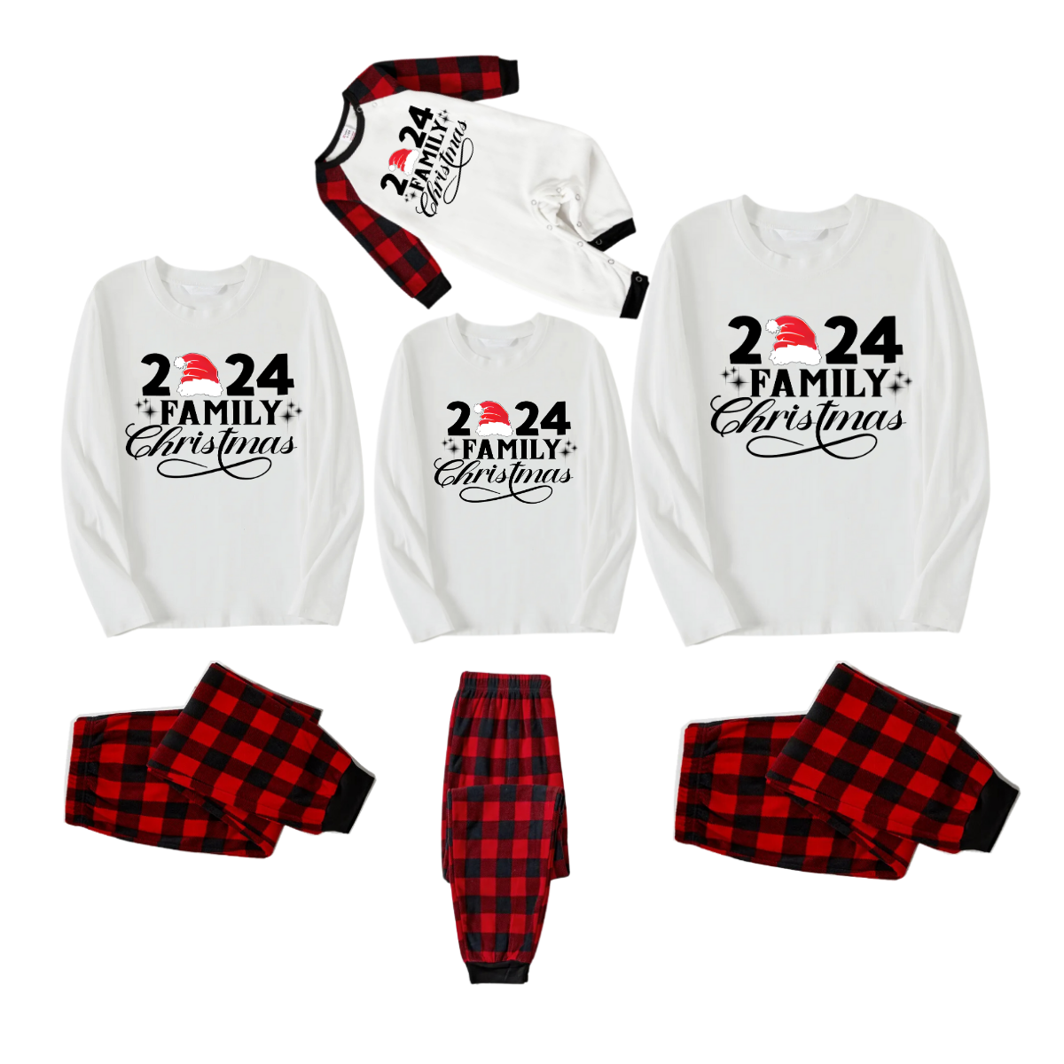 "Family Christmas 2024" and Santa Hat Printed Red & Black Plaid Family Matching Pajamas