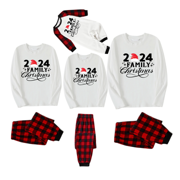 "Family Christmas 2024" and Santa Hat Printed Red & Black Plaid Family Matching Pajamas