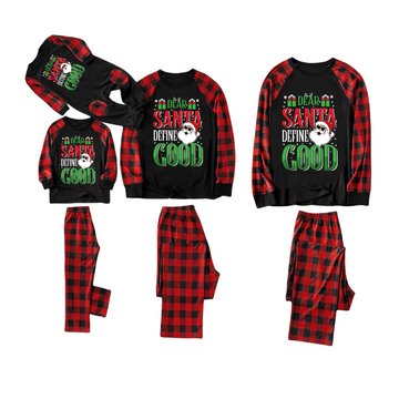 "Dear Santa Define Good" Slogan Printed Black and Red Plaid Christmas Matching Pajamas