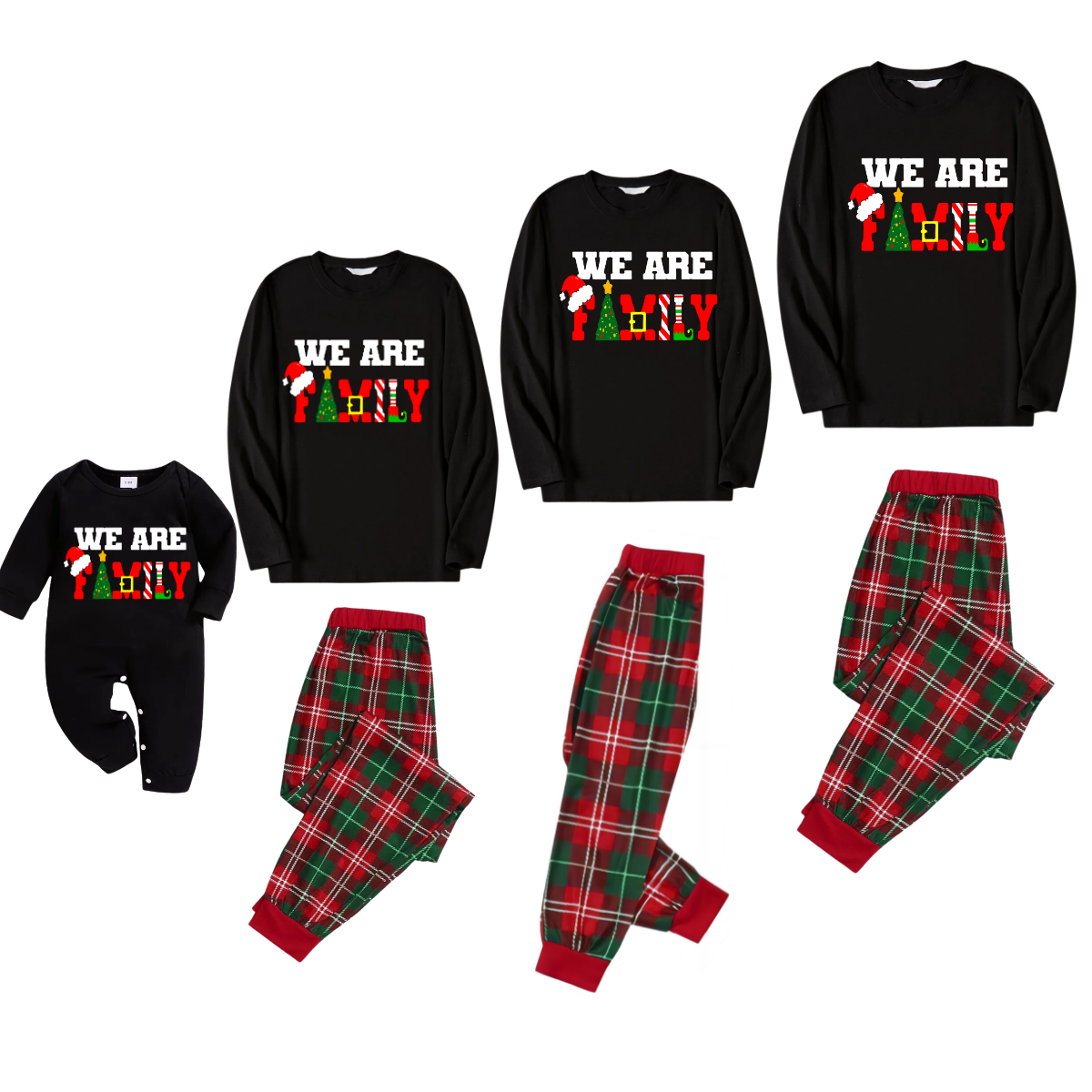 We are family Text Pattern Red and Green Plaid Family Matching Pajamas