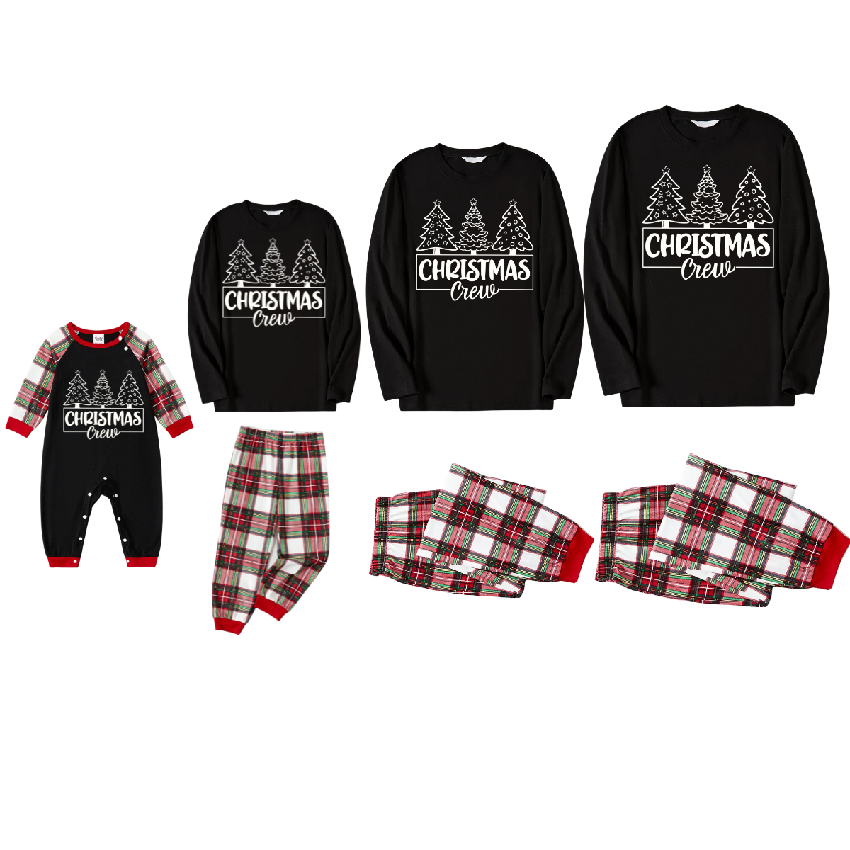 Christmas Tree and Text Print Black Long Sleeve Top with Red & White & Green Plaid Family Matching Pajamas