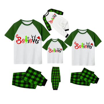 Believe Family Christmas Pajamas Set - White Top Green Sleeves Green Plaid Pants Green Red and Black Graphic