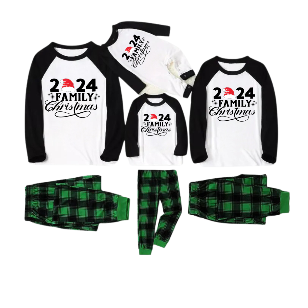 "2024 Family Christmas" Text Printed Green and Black Plaid Christmas Family Pajamas