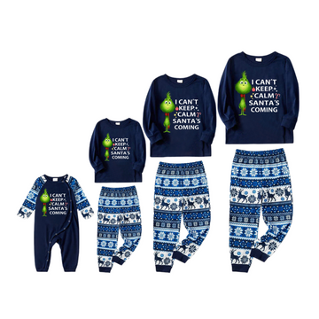 "I Can't Keep Calm, Santa's Coming" Slogan Printed Blue Christmas Matching Pajamas