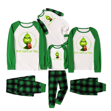 Cartoon Pattern and "I Hate People, But I Love My Dog" Printed Green Plaid Long Sleeve Christmas Family Pajamas