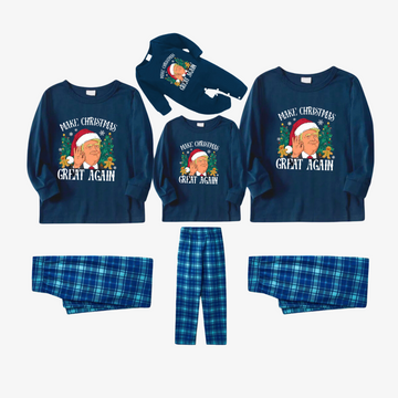 "MERRY CHRISTMAS GREAT AGAIN" Letter Printed Sky Blue Plaid Family Pajamas Sets