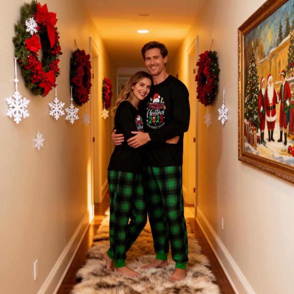 "Making Memories Together Christmas 2025" Print Black and Green Plaid Pants Couple Matching Pajamas