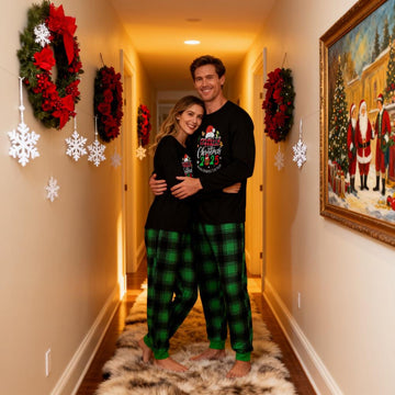 "Making Memories Together Christmas 2025" Print Black and Green Plaid Pants Couple Matching Pajamas