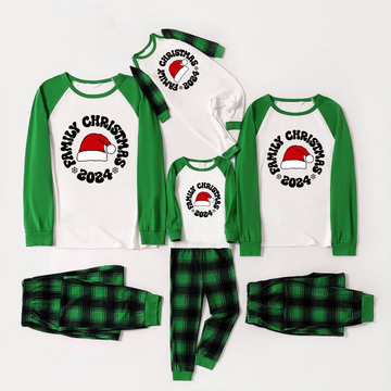 Family Christmas 2024 Text and Santa Hat Print Long Sleeve Top With Green & Black Plaid Christmas Matching Pajamas