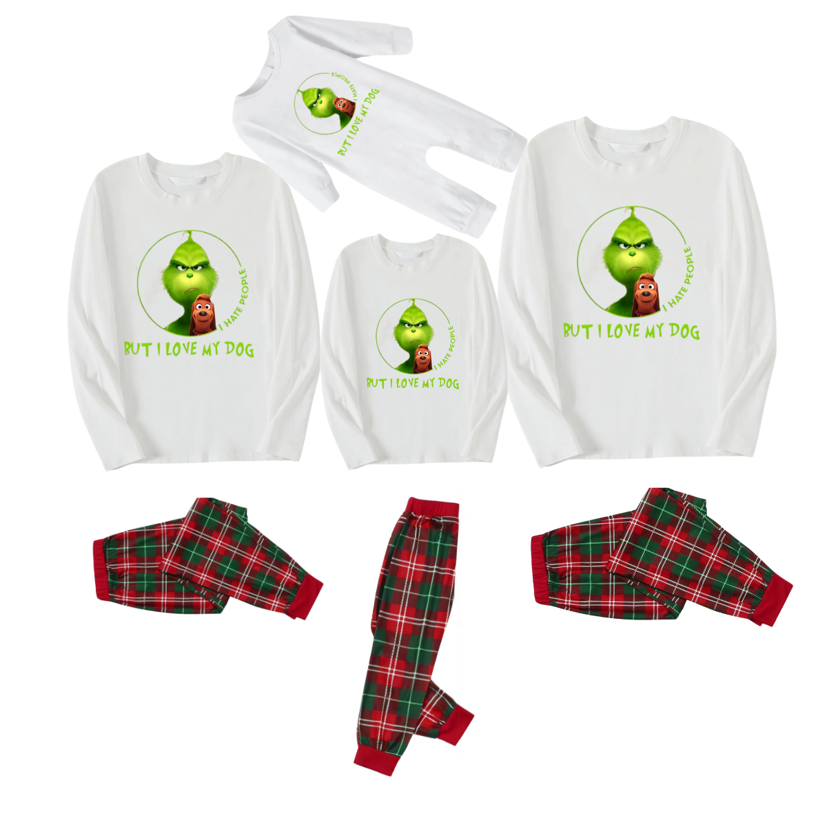 Cartoon Pattern and "I hate people but I love my dog" Text Printed Red & Green Plaid Family Matching Pajamas