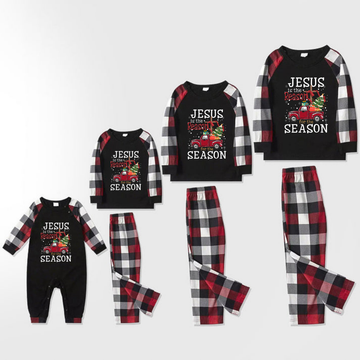 Red and Gray Plaid Christmas Pajamas Set With "Jesus is the Reason for the Season" Text Print