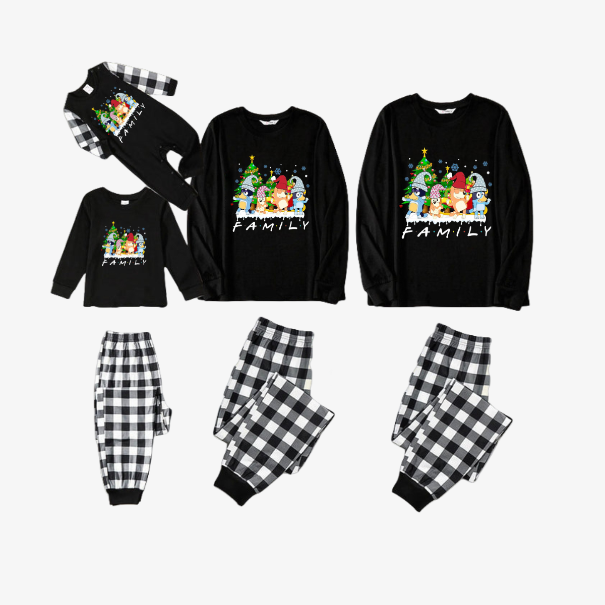 Bluey Character "Family" Design Black&White Plaid Pants Family Matching Pajama Set