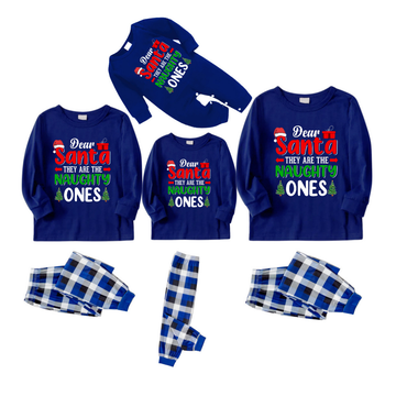 "Dear Santa They Are The Naughty Ones" Text Printed Blue and White Plaid Family Matching Pajamas