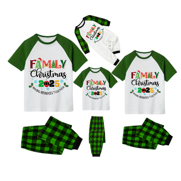 Family Christmas 2025 Making Memories Together Pajamas Set - White Top Green Sleeves Green Plaid Pants Multi-Color Text Graphic