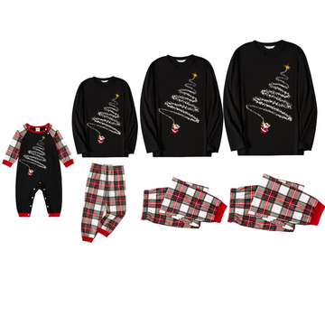 Santa Claus Print Black Long Sleeve Top with Red & White & Green Plaid Family Matching Pajamas