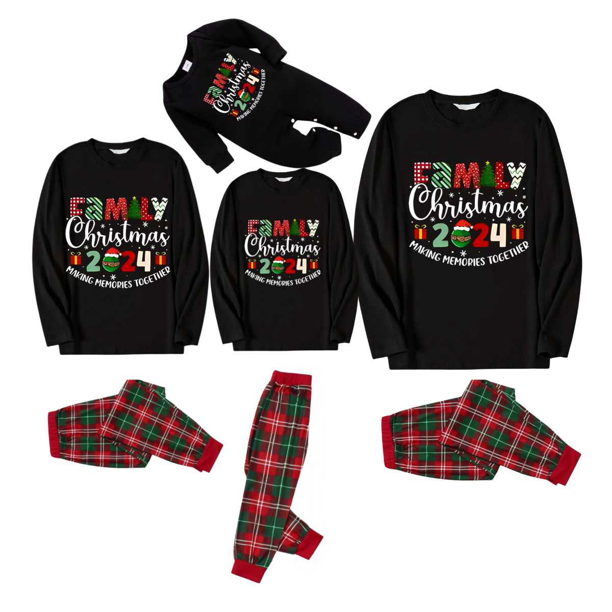 "Family Christmas 2024 Making Memories Together" Text Printed Red and Green Plaid Family Matching Pajama