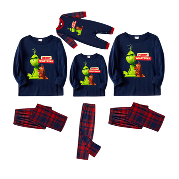 Cartoon Pattern and "Merry Whatever" Text Printed Blue Top Red&Blue Plaid Pants Family Matching Pajamas