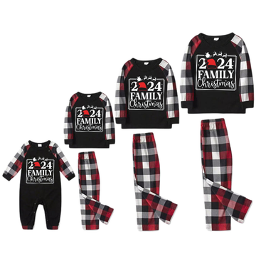 "2024 FAMILY CHRISTMAS " Text And Santa Hat Printed Pattern- Black Top with Red&Black&White Plaid Sleeves - Family Matching Pajamas