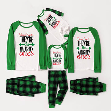 'Dear Santa They Are The Naughty One' Letter Print Casual Long Sleeve Sweatshirts Green Contrast Tops and Black and Green Plaid Pants  Family Matching Raglan Long-sleeve Pajamas Sets With Dog Bandana