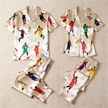 Luxury Basketball Player Motif Beige Satin Couples Pajamas – Short Sleeve Button-Up Loungewear Set with Pants (Copy)