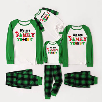 Christmas We are Family 2026 Letter Print Green Rotator Cuff Top With Green & Black Plaid Family Matching Pajamas