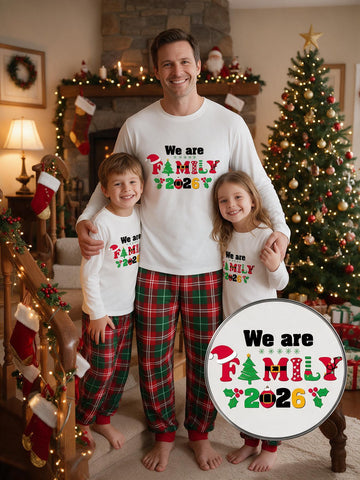 Family Matching 2026 Christmas Pajamas Set We Are Family Holiday Graphic White Long Sleeve Top and Red Green Plaid Pants Perfect for Christmas Morning Opening Gifts and Family Holiday Photos Cozy Sleepwear for Whole Family