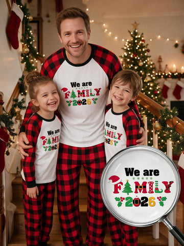 Two Piece Set Family Matching Christmas Pajamas We Are Family 2026 Santa Hat Pine Tree Holly Letter Print Raglan Top Red Black Plaid Long Pants Sleepwear Xmas Gift