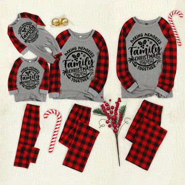 Christmas Make Memories Together 2026 Print  Black & Red Plaid Family Matching Grey Pajamas With Dog bandana