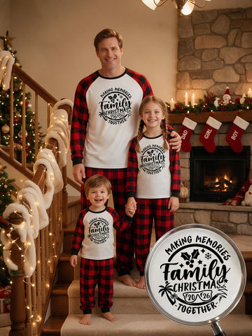 Two Piece Set Family Matching Christmas Pajamas Making Memories Together Family Christmas 2026 Snowflake Print Raglan Top Red Black Plaid Long Pants Sleepwear