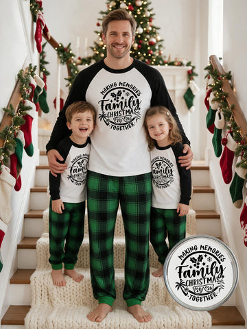 Family Matching 2026 Christmas Pajamas Set Making Memories Together Raglan Long Sleeve Top & Green Plaid Pants Cute Xmas Outfit for Family Holiday Photos and Christmas Eve Cozy Sleepwear