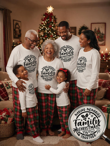 2026 Family Matching Christmas Pajama 2-Piece Set, Soft Long Sleeve Top & Plaid Long Pants with Pockets, "Making Memories Family Christmas" Graphic Print, Cozy Loungewear for Christmas Eve & Family Holiday Photoshoot