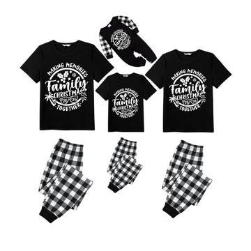 Making Memories Together Family Christmas 2026 Pajamas Set - Black Top Black and White Plaid Pants White Graphic Text