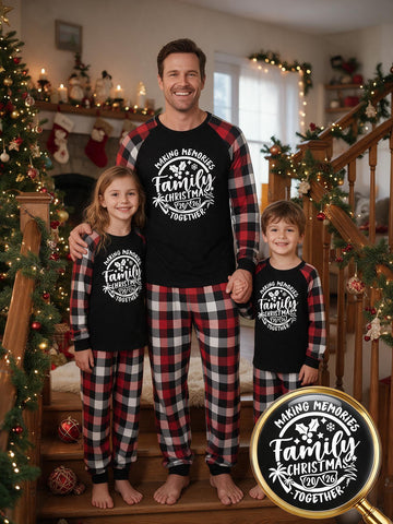 Family Matching 2026 Christmas Pajamas Set Making Memories Family Christmas Together Print Black Raglan Top Red White Buffalo Plaid Pants Crew Neck Matching Sleepwear