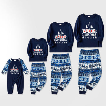 Joyful Blue Christmas Pajamas Set With Christmas Tree and Holiday Slogan