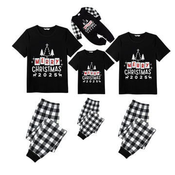 Black and White Plaid Short Sleeve Christmas Family Pajamas Set With "Merry Christmas 2025" and Christmas Tree Print