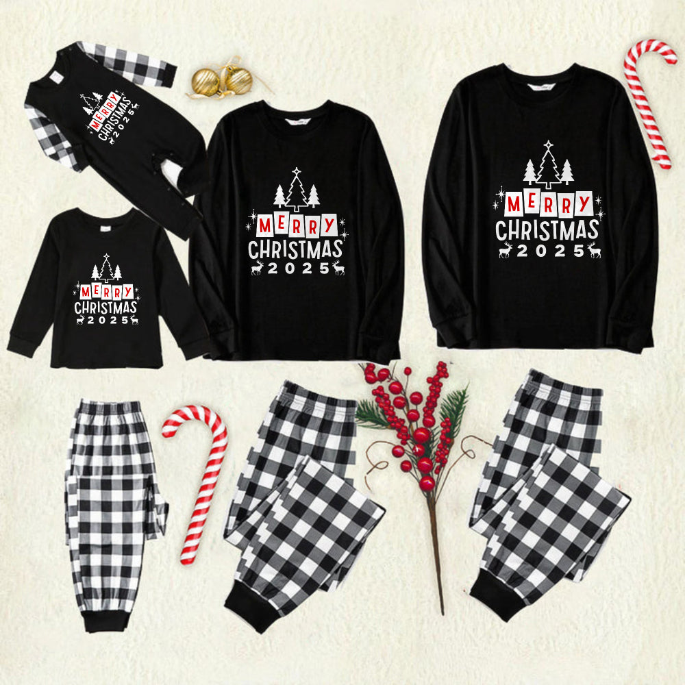 Black and White Plaid Christmas Pajamas Set With Christmas Tree and "Merry Christmas" Text Print