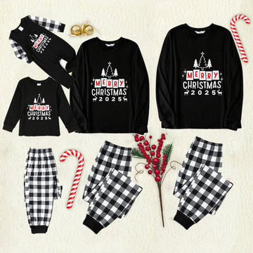 Black and White Plaid Christmas Pajamas Set With Christmas Tree and "Merry Christmas" Text Print