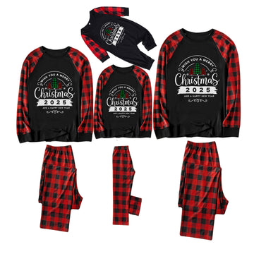 Red and Black Plaid Christmas Pajamas Set With "Wish You A Merry Christmas 2025 and Happy New Year" Print