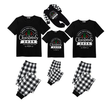 Black and White Plaid Short Sleeve Christmas Family Pajamas Set With "Wish You A Merry Christmas 2025 and Happy New Year" Print