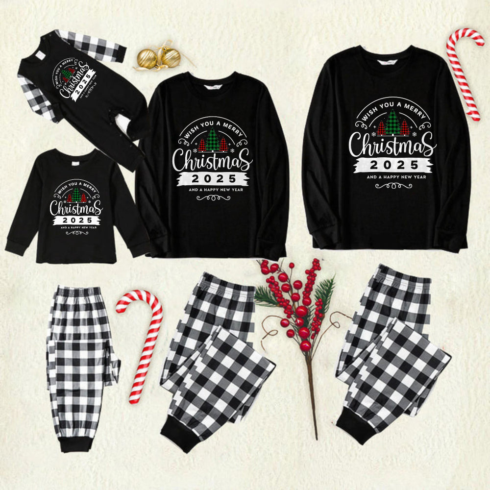 Black and White Plaid Christmas Pajamas Set With Christmas Tree and "We Wish You A Merry Christmas 2025" Text Print