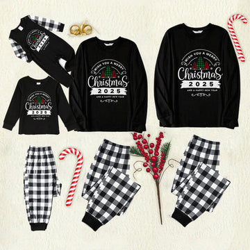 Black and White Plaid Christmas Pajamas Set With Christmas Tree and "We Wish You A Merry Christmas 2025" Text Print